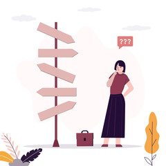 Confusing businesswoman looking at multiple road signs. Woman thinking and search right way. Making business decision, career path,