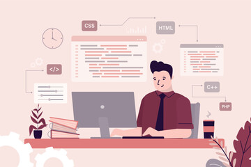 Programmer or coder sitting at desk. Website designer, developer social media wireframe. Concept of front-end and back-end programming language PHP, HTML, CSS,