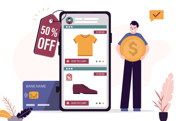 Online shop application on smartphone. Shopping on internet, marketplace. consumer uses credit card to pay for an order in online store. Sale, discounts, ecommerce technologies.