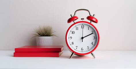 a fuschia alarm clock near an opened calendar white and red, red alarm clock on the table....