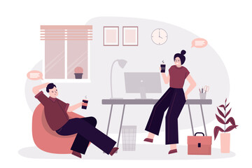 Group of people talking. Colleagues, office workers or friends drinking coffee at office room. Interior with furniture. Coffee break. Timeout, time management. Teamwork concept.