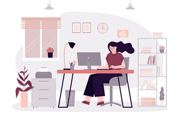 Businesswoman or freelancer working at computer. Female character sits at desktop and works, workflow. Concept of remote work and freelance. Workplace interior design.