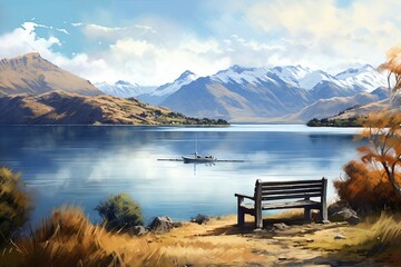 Naklejka na ściany i meble Digital painting of a scenic view in Wanaka, New Zealand. Generative AI
