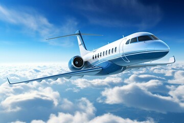 Realistic 3D rendering of a sleek private jet soaring in the clear blue sky, portraying business travel. Generative AI