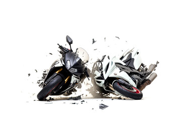 realistic set up photography of a white Motorcycle accident violently facing each other on isolated white background