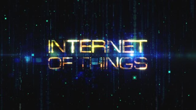 Animation text of Internet of things glow gold glitch text sci fi hitech effect cinematic title animation abstract backgroud 