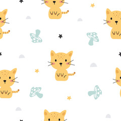 Seamless pattern with cute cat and mushroom. Vector illustration, for print, fabric, wallpaper, wrapping, card, poster