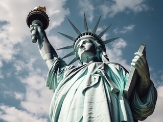 Portrait of the statue of liberty from low angle with sky in the background - obrazy, fototapety, plakaty