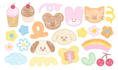 Pastel doodles of puppy, teddy bear, bunny, butterfly, cat, flowers, rainbow, cupcake, star, cherry for cartoon, character, animal print, sticker, spring, summer, kids, plush toy, doll, cute patches
