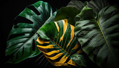 Green tropical leaves on black background. Rich greenery on the dark toned background.  - obrazy, fototapety, plakaty