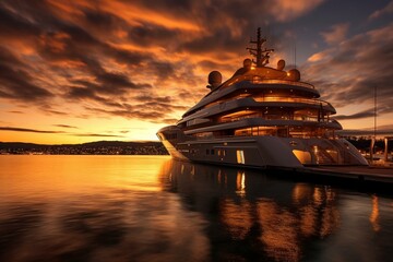 A beautiful image capturing the stunning evening radiance of luxurious superyachts. Generative AI