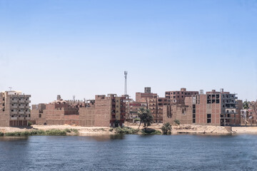 Fototapeta na wymiar Luxor Port Panorama from Luxury Cruise Ship, Egypt. Egypt Summer Travel