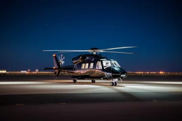 Selbstklebende Fototapeten Luxury luxurious business helicopter private heli chopper on landing pad fast transportation success journey rich wealth corporate flight fly flying sky ground horizon sun clouds landing style stylish © Yuliia