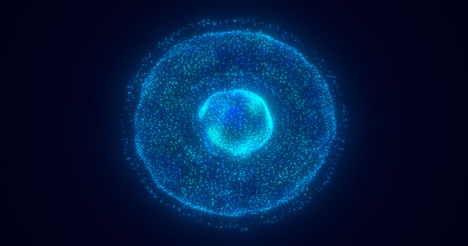 Blue energy glowing sphere futuristic atom from electric magic particles and energy waves background