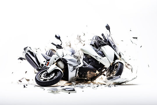 realistic set up photography of a white Motorcycle accident violently facing each other on isolated white background