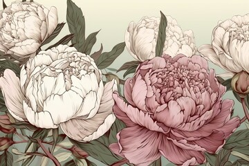 Illustration of peony flowers with a floral background. Generative AI