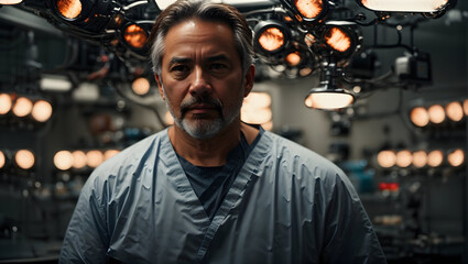 middle-aged surgeon is standing in the operating room, the lights are behind him