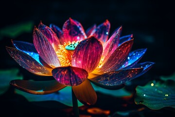 Colorful lotus flower, bioluminescent, mystical, opalescent, rays of light, sparkling lights, realistic lighting, rainbow glow, psychedelic trance, consciousness, awakening, spirit,. Generative AI