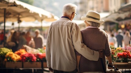 Fototapeta premium A senior couple enjoying their time traveling, exploring an outdoor market bustling with various stalls. They are seen engaging with local vendors, immersing themselves in the vibrant atmosphere.
