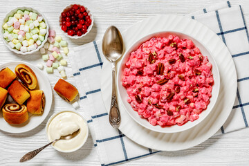 cranberry creamy salad with marshmallows, top view