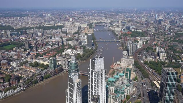 Aerial view of Vauxhall and Nine Elms including Vauxhall Station, Vauxhall Bridge and the MI-6 Building, London, UK.