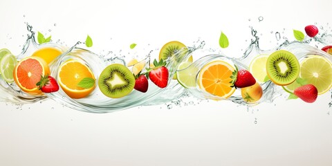 Swirl water splash with fruits. liquid flow with ice cubes and a mix of fresh fruits. 