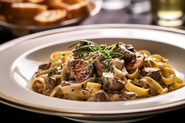 Tagliatelle with sausage and porcini, Pasta with sausage and summer cep mushroom. 