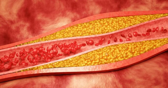 Hyperlipidemia or arteriosclerosis. Blocked artery concept and human blood vessel as a disease with cholesterol fat buildup clogging. Clogged arteries, Cholesterol plaque in the artery. 3D Rendering