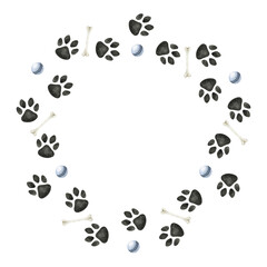 Obraz premium Dog or cat paw. Watercolor frame. A wreath with place for text. Cute animal footprints for decoration, fabric, design, veterinary clinic, pet store, craft projects, logo, scrapbooking, pet tags.