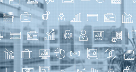 Image of network of connections with icons over cityscape