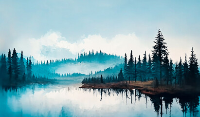 Watercolor sketch, white, blue, morning fog with ponds and trees. Generative AI illustration