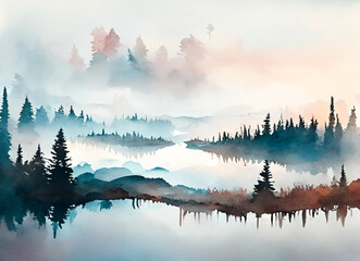 Watercolor sketch, white, blue, morning fog with ponds and trees. Generative AI illustration