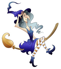Funny witches on broomsticks in cartoon style