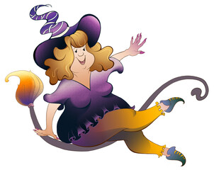 Funny witches on broomsticks in cartoon style