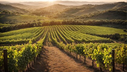 Vineyard landscape at sunset Green field with rows of vines for harvesting The grapes ripen to...