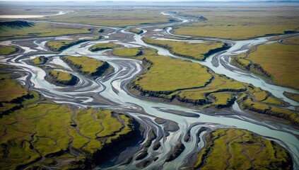 Aerial photography of the delta that has many naturally winding branches and veins During the spring - obrazy, fototapety, plakaty