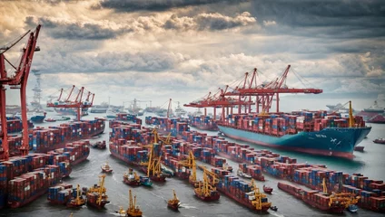 Fotobehang Port where cargo ships are loading and unloading goods Container lifting crane and logistics operations that support global trade. © Joesunt