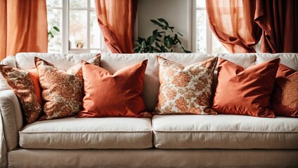 Close up of fabric sofa with white and terra cotta pillows. French country home interior design of modern living room.