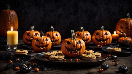 Creepy Halloween pumpkin shaped cookies with evil faces and eyes on black wooden table with candles. Flat lie.