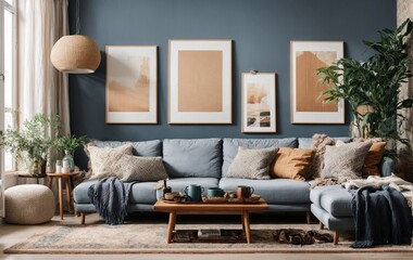 Cozy living room interior with mockup poster frames, sofa, blue pillows, wooden coffee table, patterned rug, beige walls and personal items. Home decoration.