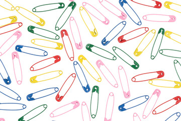 Multicolor safety pins isolated on white background. lots of colorful pins closeup