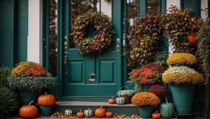 Autumn wreath on the green front door and arrangement of autumn flower pots on the steps. Halloween.