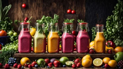 Gordijnen Fresh fruit and vegetable smoothies or juice in bottles with various ingredients around © Joesunt