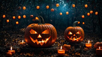 Halloween holiday background. Halloween scary pumpkins head jack lanterns with burning candles in dark spooky mystery forest, Halloween Party Card. Generative AI 