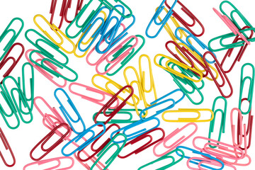 Fototapeta na wymiar multicolored paper clips isolated on white background. close up