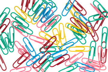 multicolored paper clips isolated on white background. close up