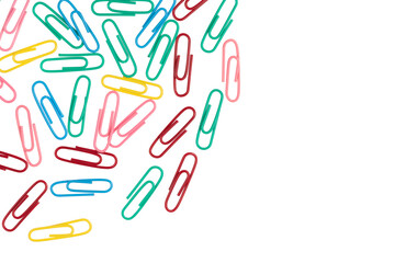 multicolored paper clips isolated on white background. close up