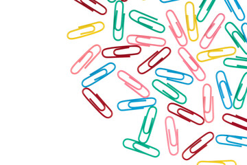 multicolored paper clips isolated on white background. close up