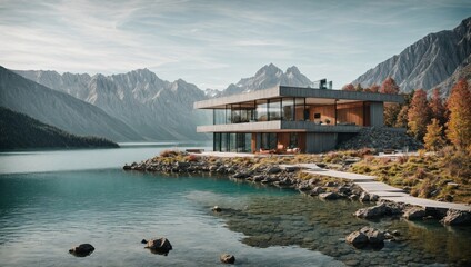 Fototapeta premium Modern concrete house and beautiful modern glass house design on a mountain lake.