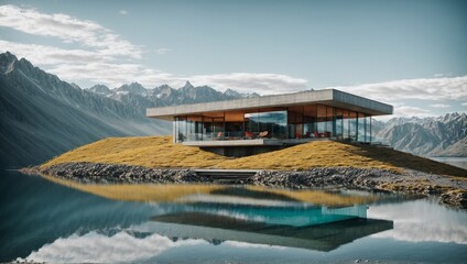 Fototapeta premium Modern concrete house and beautiful modern glass house design on a mountain lake.